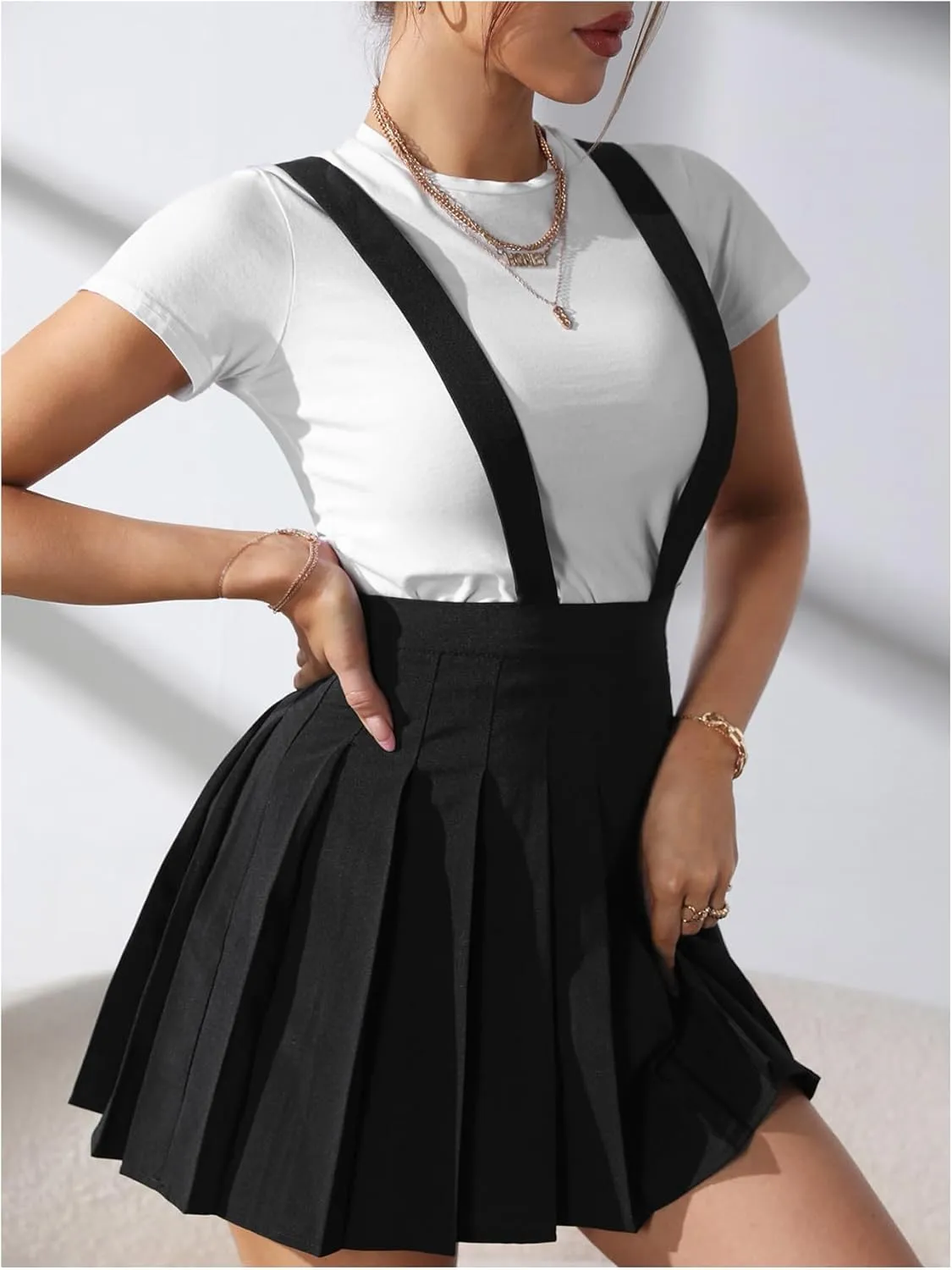 SOLY HUX Women's Braces Skirt Pleated A Line Mini Skirt High Waisted Overall Skater Suspender Skirts