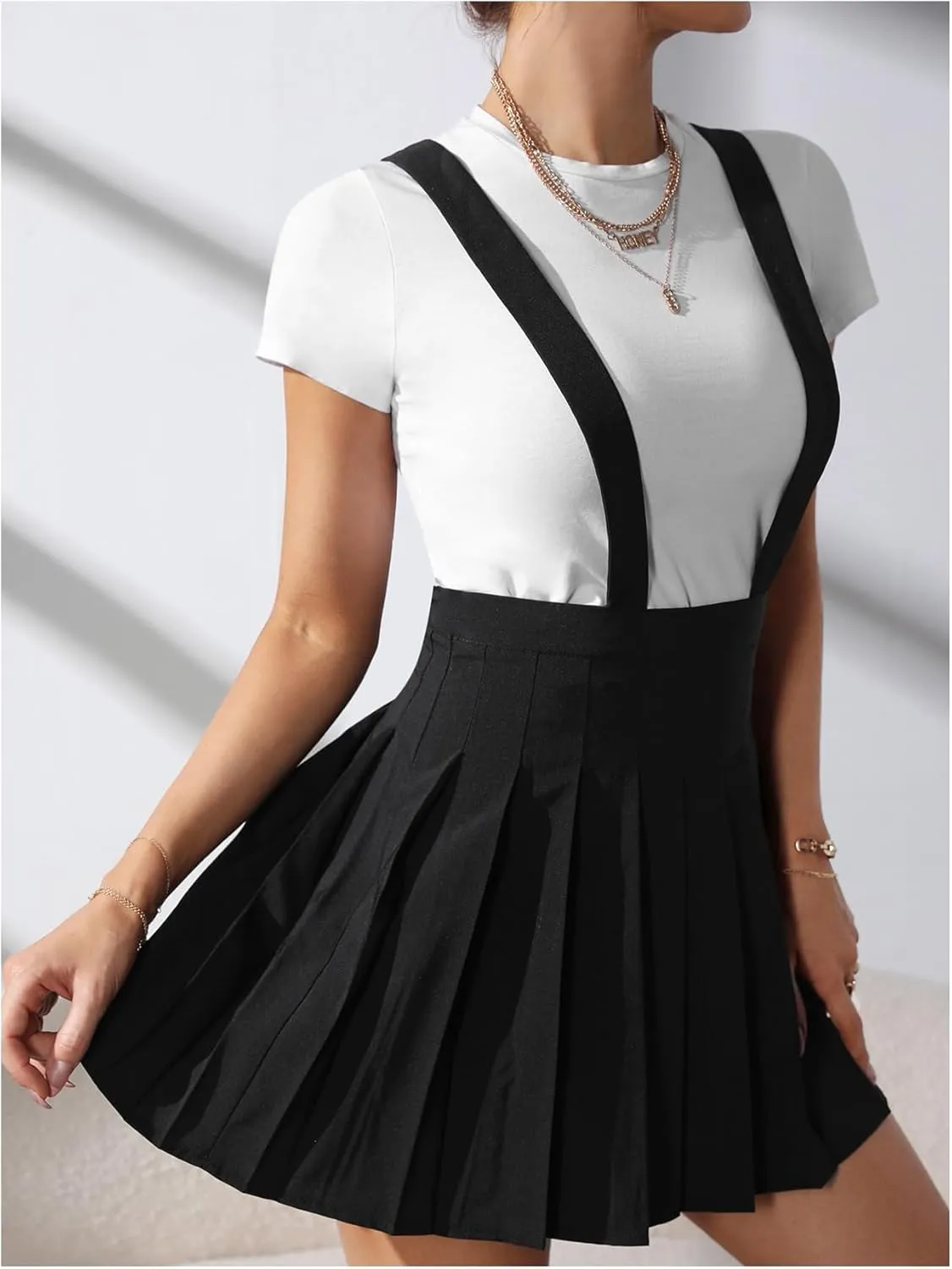 SOLY HUX Women's Braces Skirt Pleated A Line Mini Skirt High Waisted Overall Skater Suspender Skirts