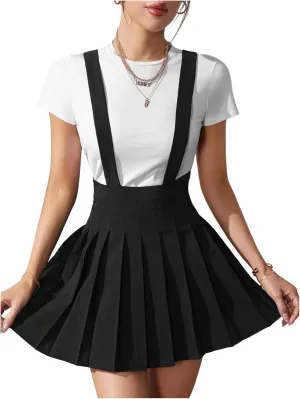 SOLY HUX Women's Braces Skirt Pleated A Line Mini Skirt High Waisted Overall Skater Suspender Skirts