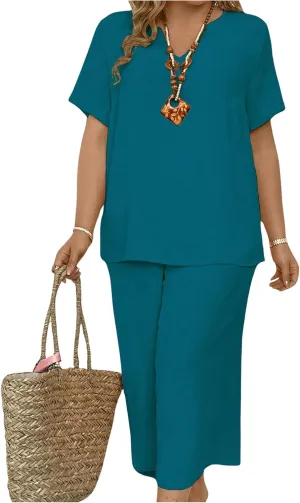 SOLY HUX Women's Plus Size 2 Piece Summer Outfits Notched V Neck Short Sleeve Tops and Capris Pants Set