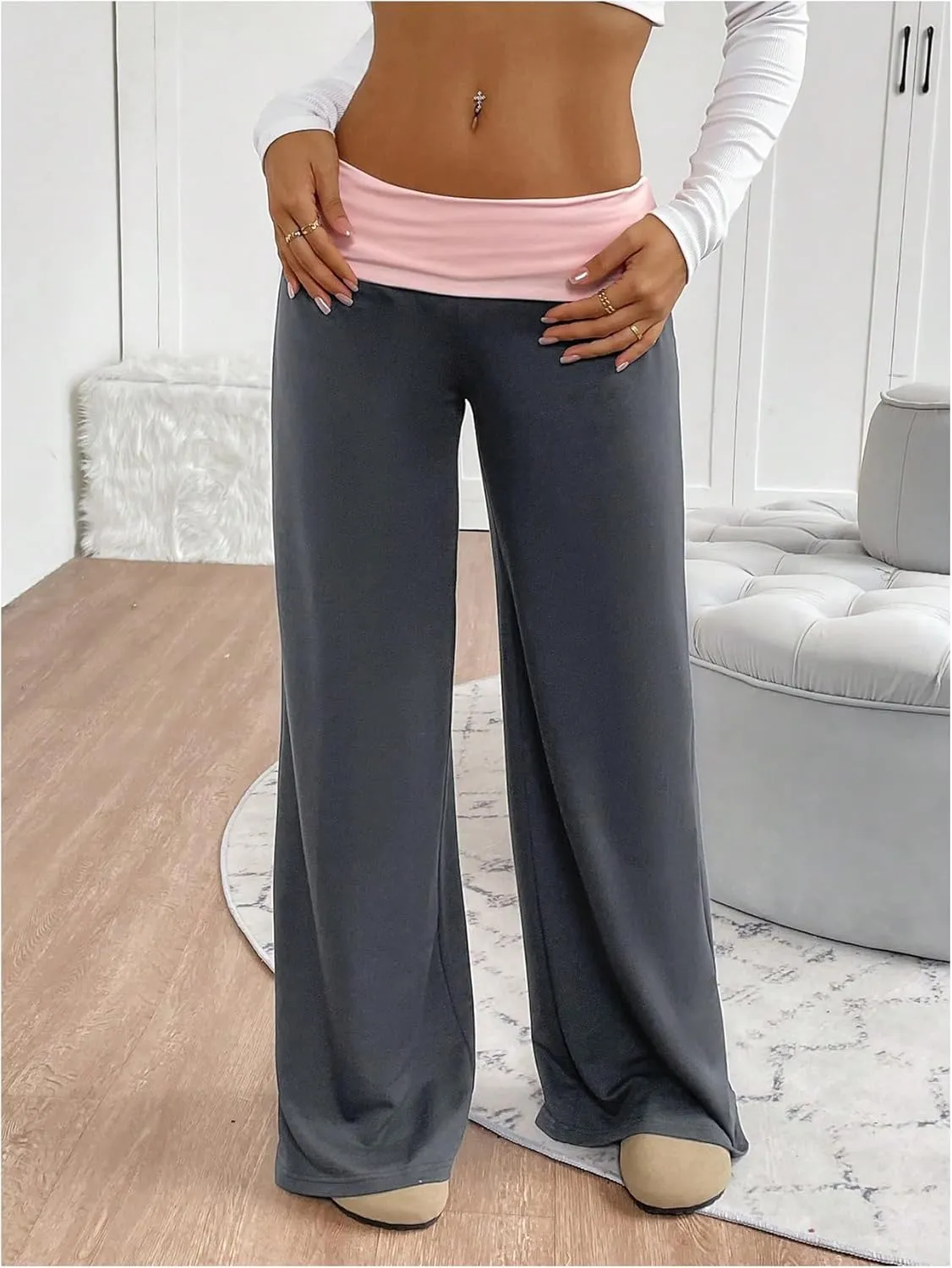 SOLY HUX Women's Sweatpants Color Block Low Rise Fold Over Waist Baggy Wide Leg Pants