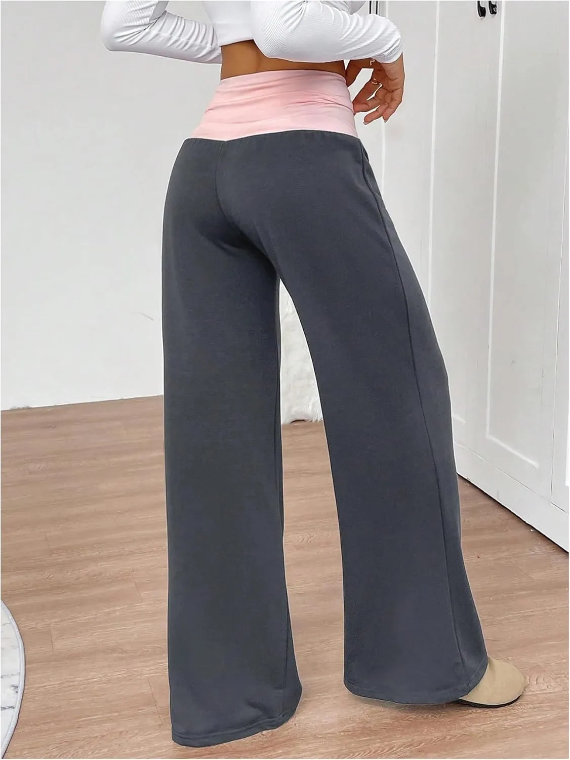 SOLY HUX Women's Sweatpants Color Block Low Rise Fold Over Waist Baggy Wide Leg Pants