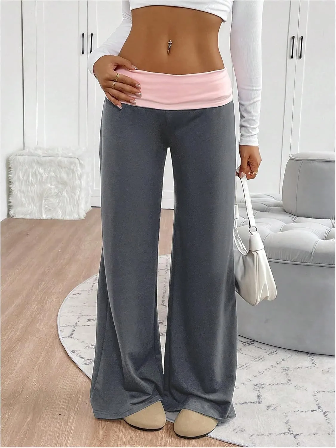 SOLY HUX Women's Sweatpants Color Block Low Rise Fold Over Waist Baggy Wide Leg Pants