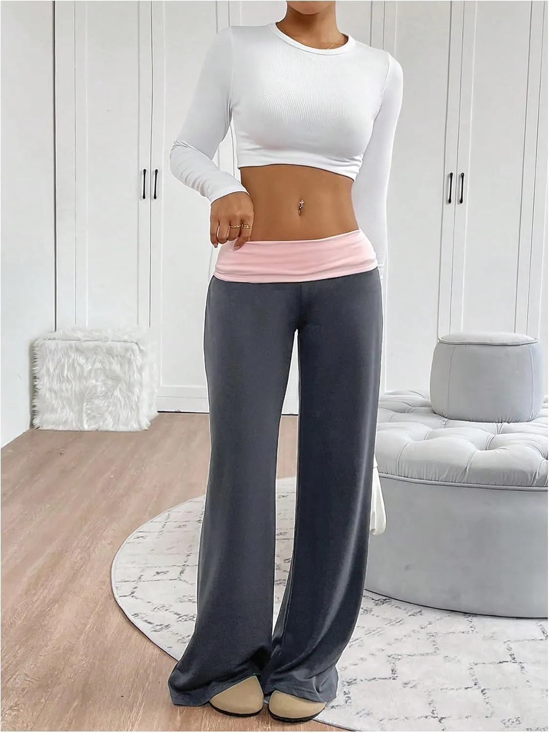 SOLY HUX Women's Sweatpants Color Block Low Rise Fold Over Waist Baggy Wide Leg Pants
