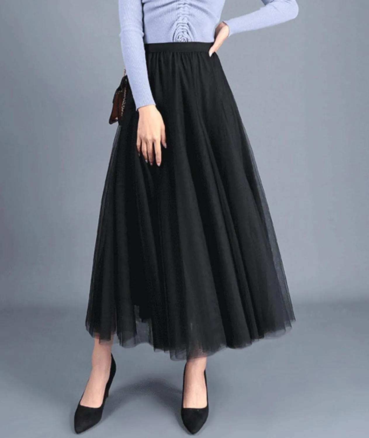 SOMTHRON Women's Tutu Tulle Skirt Elastic High Waist Layered Skirt Plain Mesh A-Line Midi Pleated Skirt