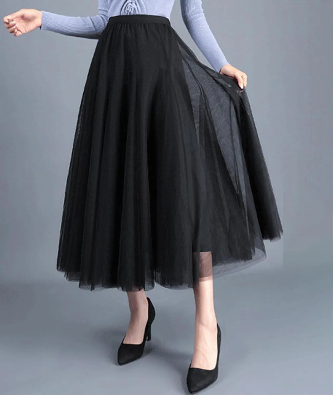 SOMTHRON Women's Tutu Tulle Skirt Elastic High Waist Layered Skirt Plain Mesh A-Line Midi Pleated Skirt