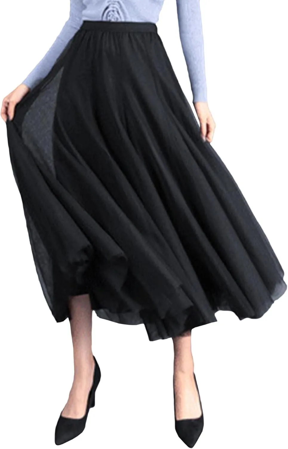 SOMTHRON Women's Tutu Tulle Skirt Elastic High Waist Layered Skirt Plain Mesh A-Line Midi Pleated Skirt