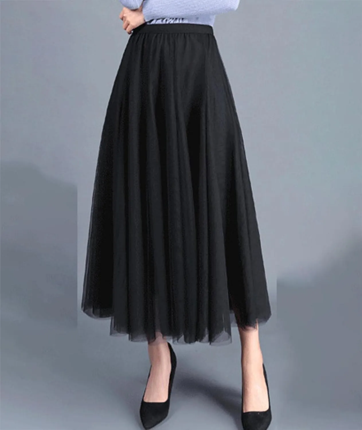 SOMTHRON Women's Tutu Tulle Skirt Elastic High Waist Layered Skirt Plain Mesh A-Line Midi Pleated Skirt