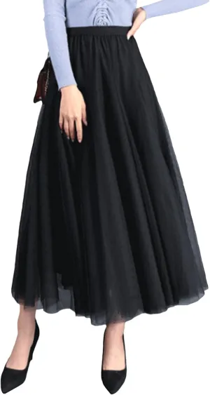 SOMTHRON Women's Tutu Tulle Skirt Elastic High Waist Layered Skirt Plain Mesh A-Line Midi Pleated Skirt