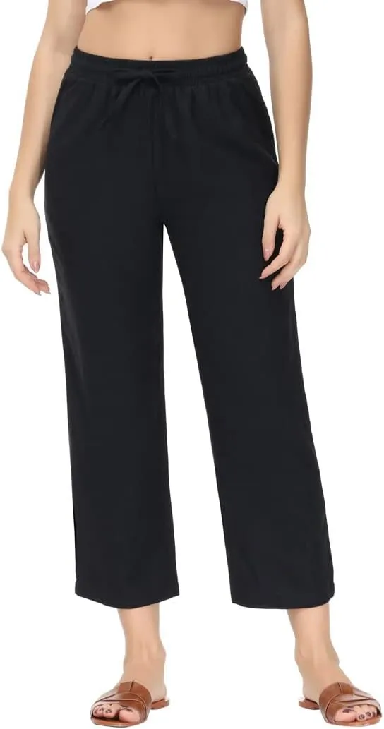 Soojun Women's Linen Blend Drawstring Wide Leg Cropped Pant