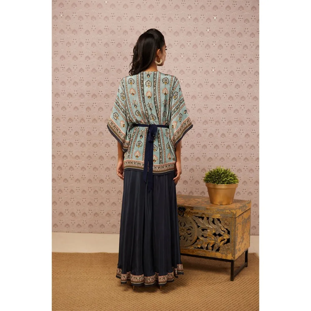 Soup by Sougat Paul Blue & Multi Sarouk Floral Kaftan with Belt (Set of 3)