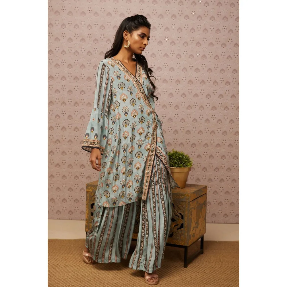 Soup by Sougat Paul Blue & Multi Sarouk Printed & Sequined Palazzo (Set of 2)