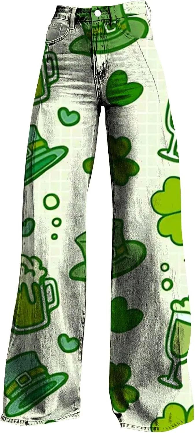 St Patricks Day Outfits for Women Shamrock Prints Patch Mid Waist High Waist Floral Patterned Pants Casual Work