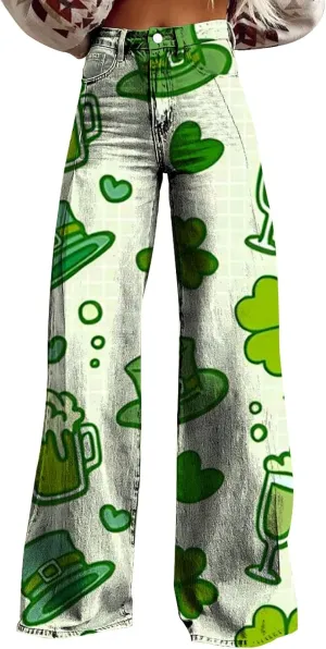 St Patricks Day Outfits for Women Shamrock Prints Patch Mid Waist High Waist Floral Patterned Pants Casual Work