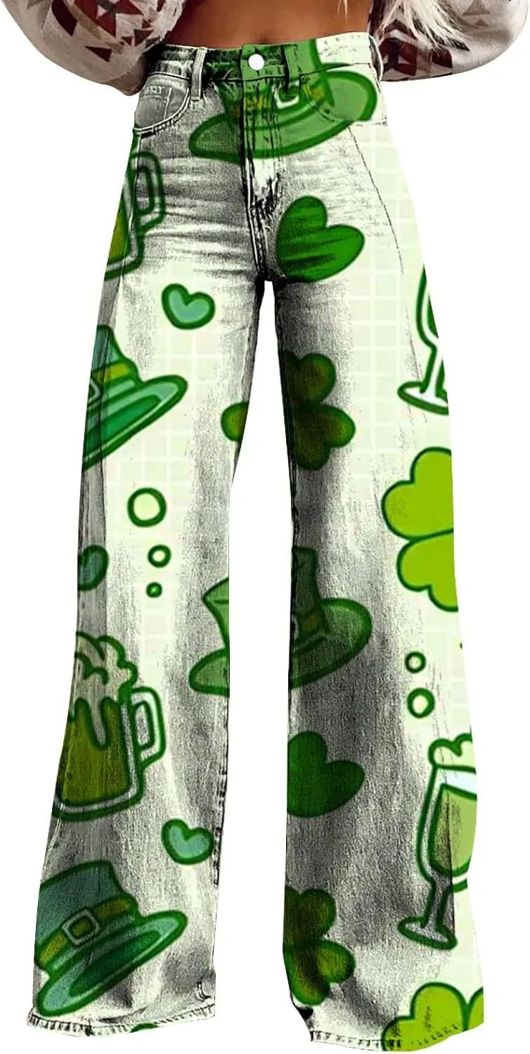 St Patricks Day Outfits for Women Shamrock Prints Patch Mid Waist High Waist Floral Patterned Pants Casual Work