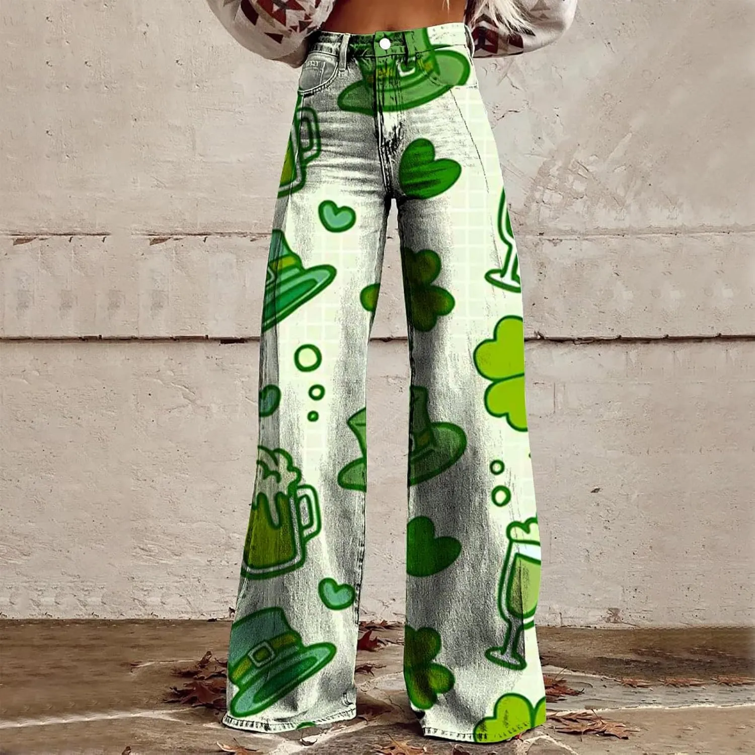St Patricks Day Outfits for Women Shamrock Prints Patch Mid Waist High Waist Floral Patterned Pants Casual Work