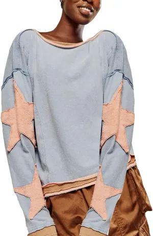 Star Graphic Oversized Sweatshirt for Women Y2k Crewneck Long Sleeve Pullover Sweater Vintage Aesthetic Clothes