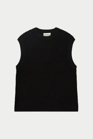 STRIPE CROCHET KNIT VEST - BLACK