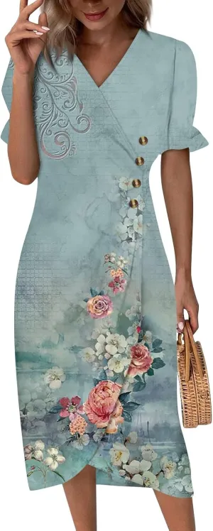 Summer Beach Dresses for Women 2024 Spring Elegant Wrap V Neck Floral Boho Dress Flowy Ruched Hawaiian Maxi Dress