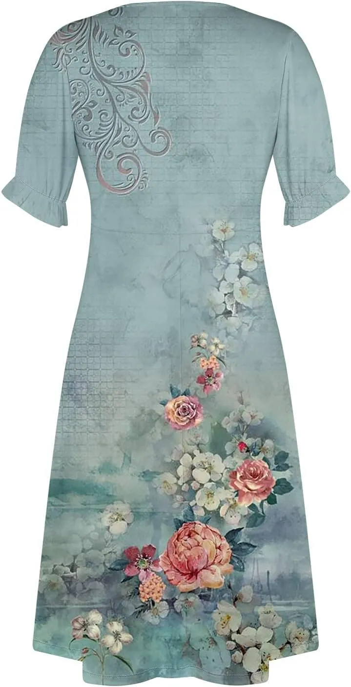 Summer Beach Dresses for Women 2024 Spring Elegant Wrap V Neck Floral Boho Dress Flowy Ruched Hawaiian Maxi Dress