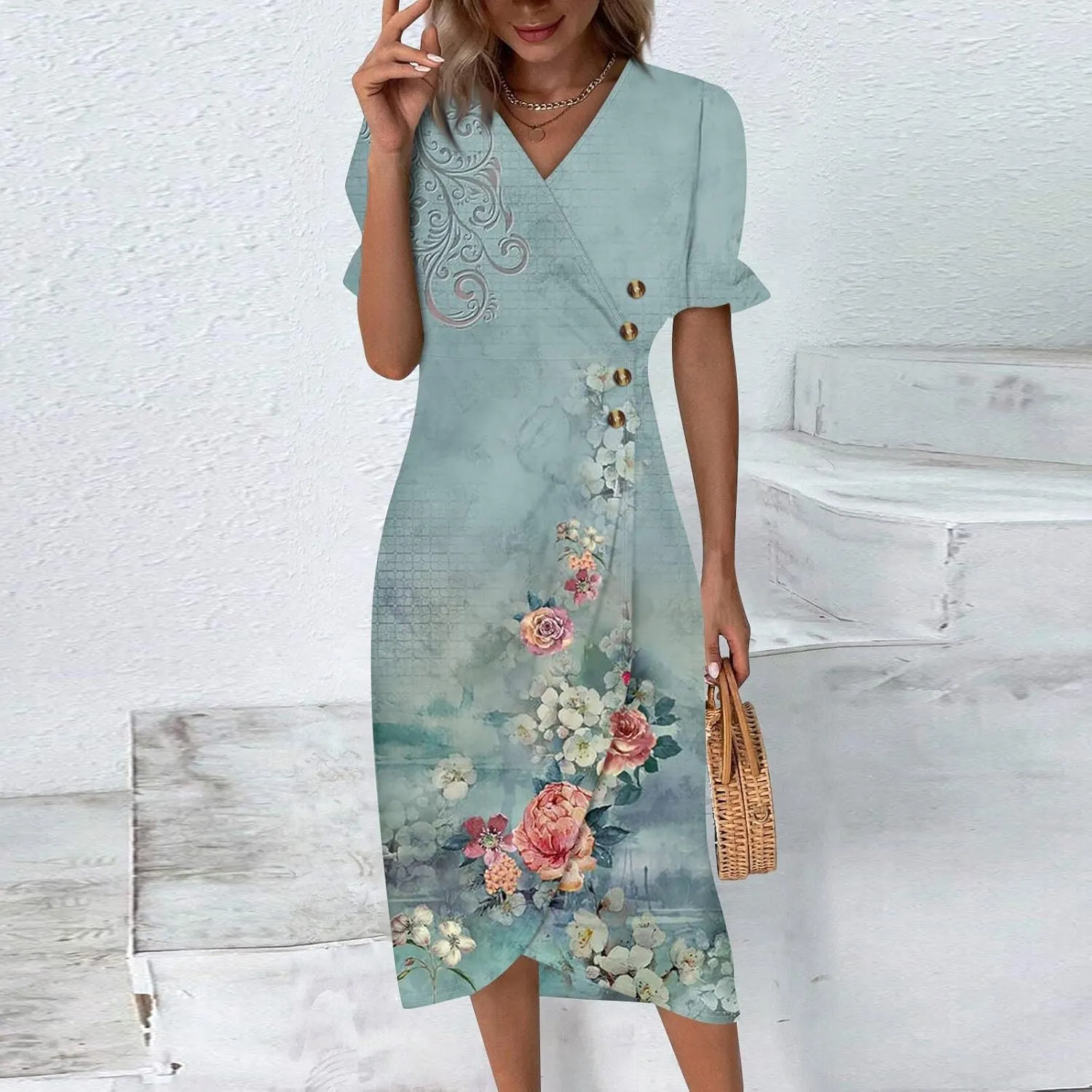 Summer Beach Dresses for Women 2024 Spring Elegant Wrap V Neck Floral Boho Dress Flowy Ruched Hawaiian Maxi Dress