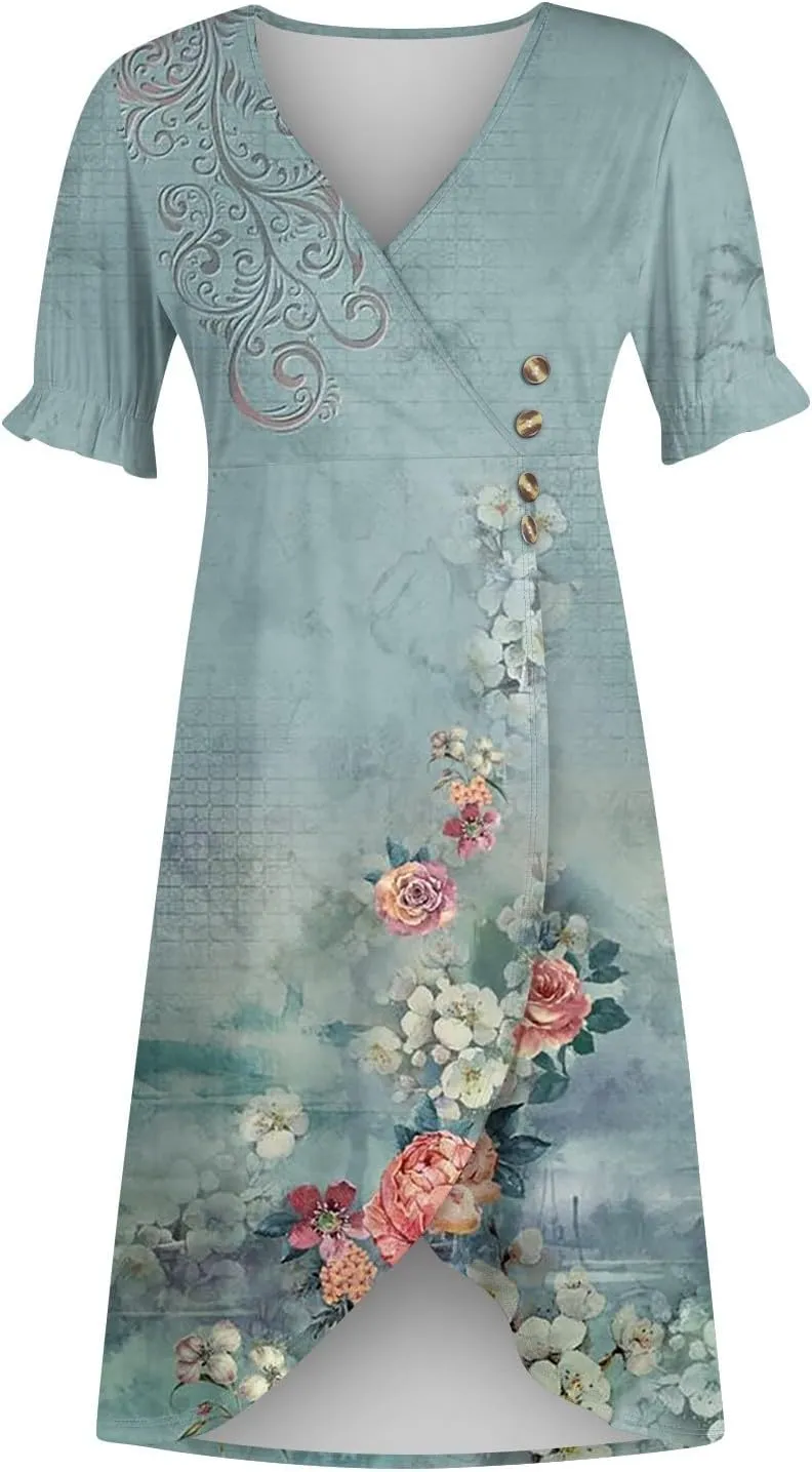 Summer Beach Dresses for Women 2024 Spring Elegant Wrap V Neck Floral Boho Dress Flowy Ruched Hawaiian Maxi Dress