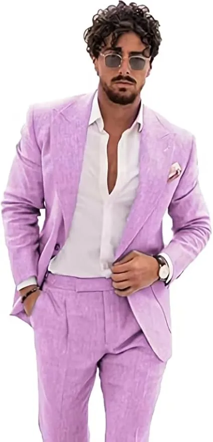 Summer Casual Linen Men's  2 Piece Suit Blazer Pants Set