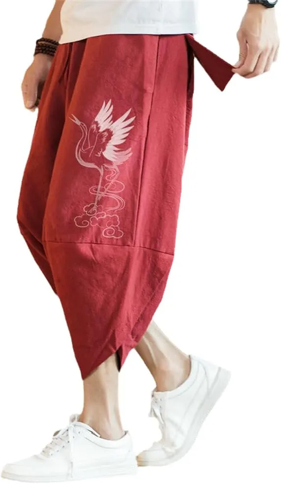 Summer Cotton Harem Pants Men Casual Hop Trousers Cross Bloomers Calf-Length Joggers Streetwear Embroried