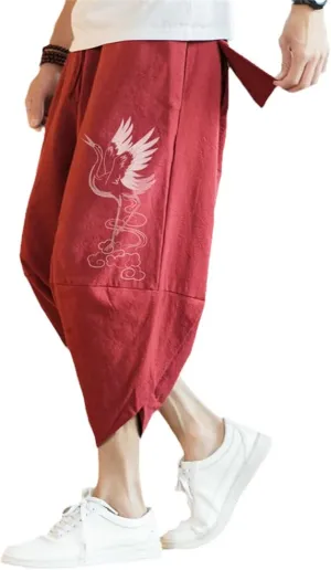 Summer Cotton Harem Pants Men Casual Hop Trousers Cross Bloomers Calf-Length Joggers Streetwear Embroried