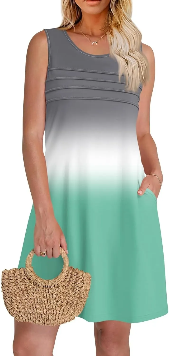 Summer Dresses for Women 2025 Casual Crewneck Sleeveless Tunic Dress Gradient Color Flowy Sundress with Pockets