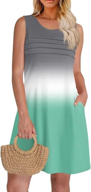 Summer Dresses for Women 2025 Casual Crewneck Sleeveless Tunic Dress Gradient Color Flowy Sundress with Pockets