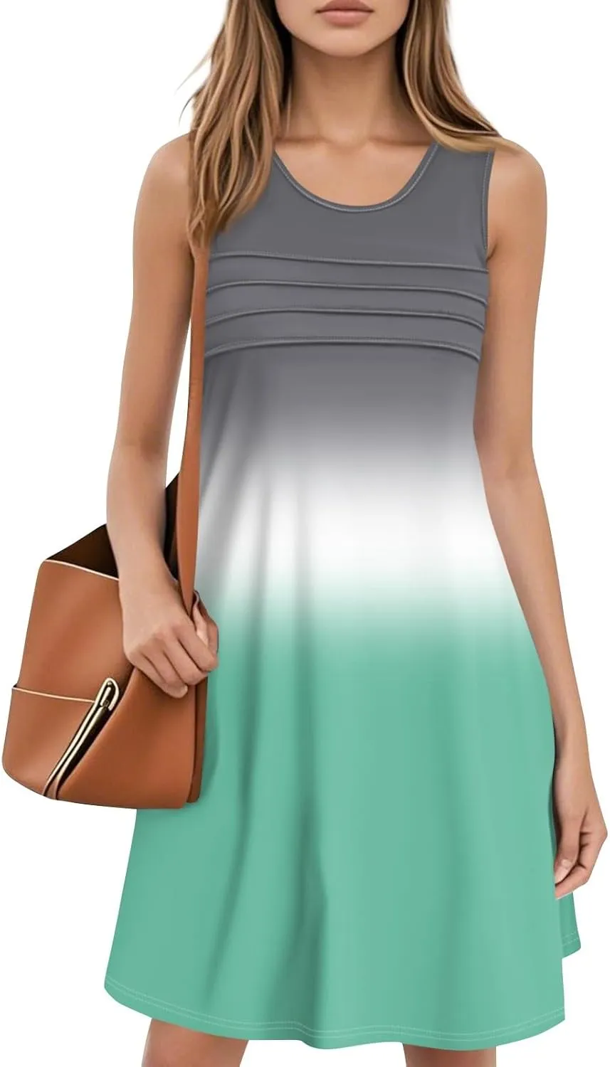 Summer Dresses for Women 2025 Casual Crewneck Sleeveless Tunic Dress Gradient Color Flowy Sundress with Pockets