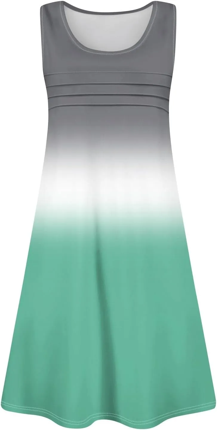Summer Dresses for Women 2025 Casual Crewneck Sleeveless Tunic Dress Gradient Color Flowy Sundress with Pockets