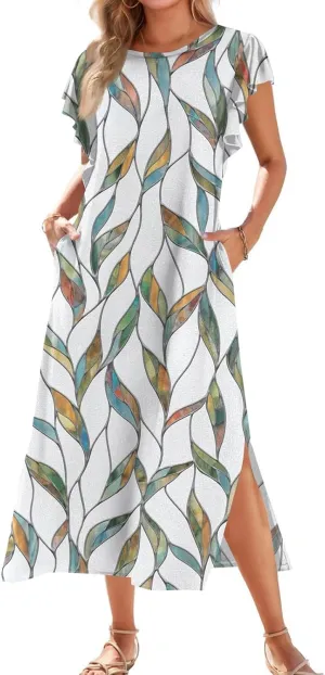 Summer Dresses for Women 2025 Floral Print Ruffle Sleeve Beach Dress Loose Casual Split Long Dress with Pockets