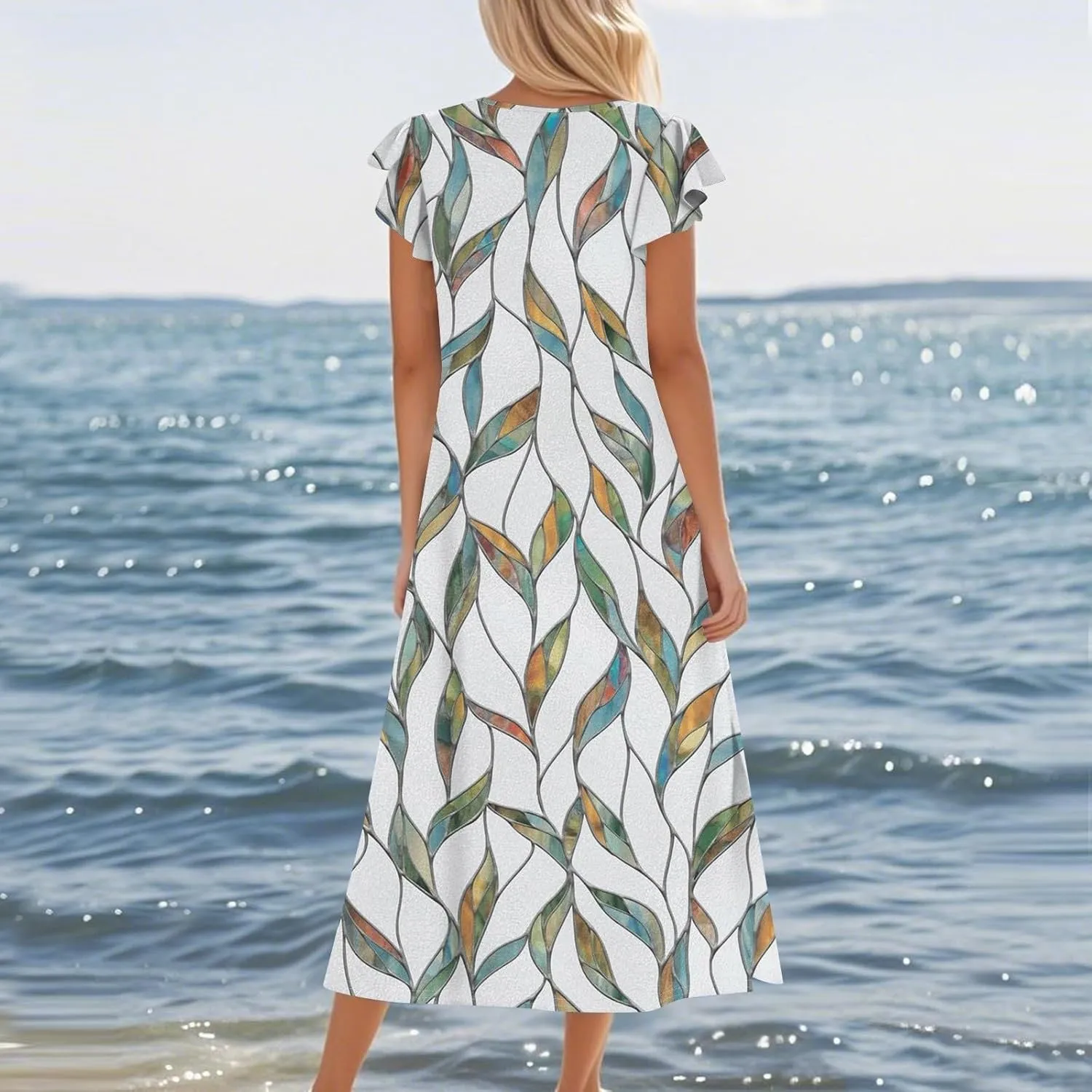 Summer Dresses for Women 2025 Floral Print Ruffle Sleeve Beach Dress Loose Casual Split Long Dress with Pockets