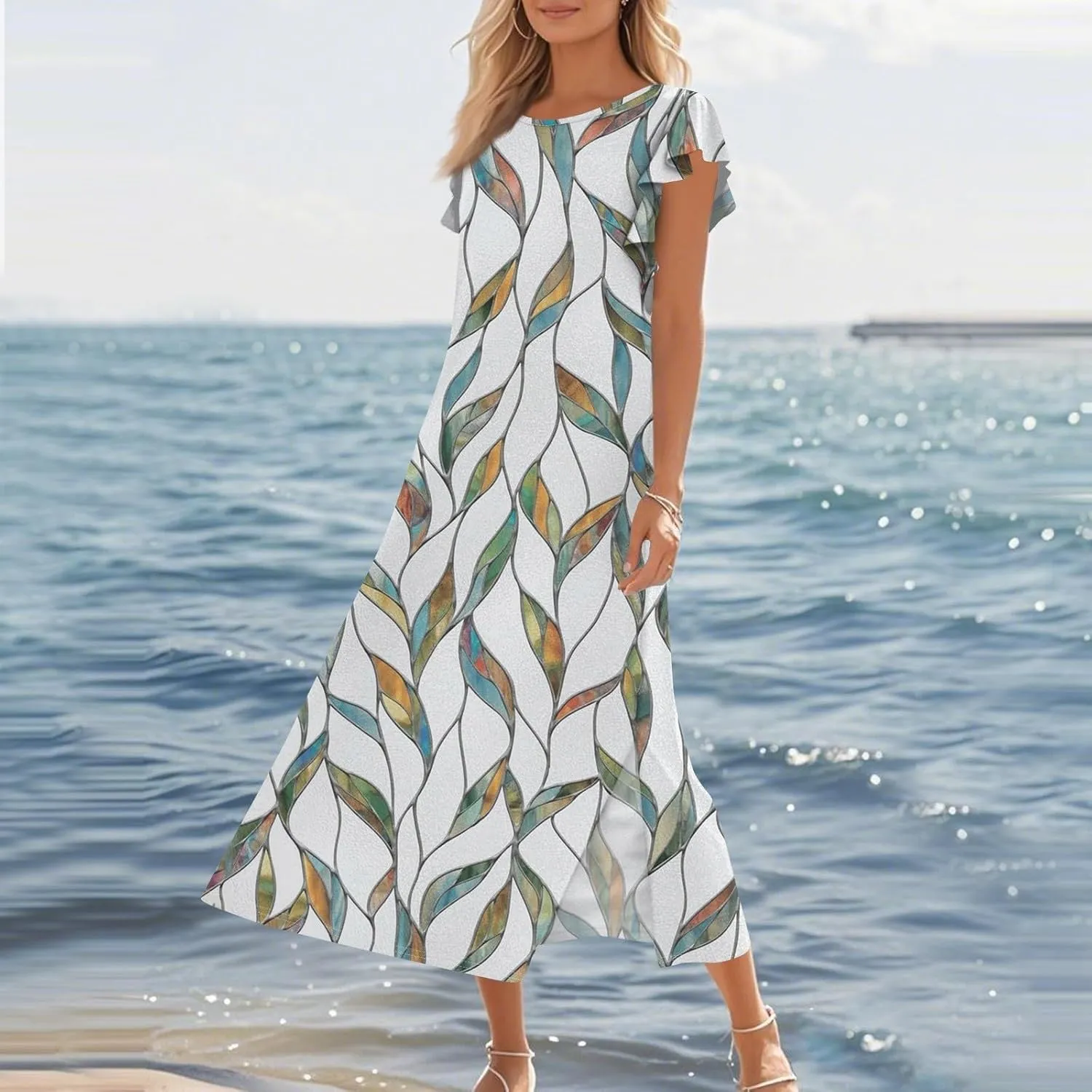 Summer Dresses for Women 2025 Floral Print Ruffle Sleeve Beach Dress Loose Casual Split Long Dress with Pockets