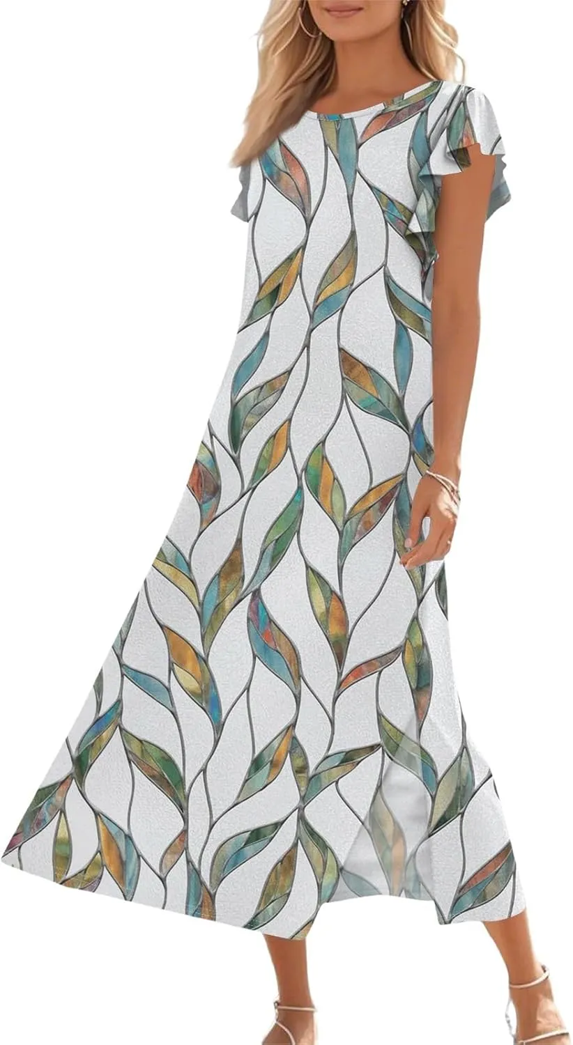Summer Dresses for Women 2025 Floral Print Ruffle Sleeve Beach Dress Loose Casual Split Long Dress with Pockets