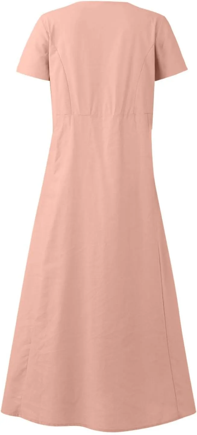 Summer Dresses for Women 2025 Trendy Short Sleeve Scoop Neck Cotton Linen Dress Loose Solid Color Beach Sundress