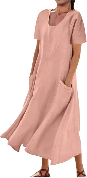 Summer Dresses for Women 2025 Trendy Short Sleeve Scoop Neck Cotton Linen Dress Loose Solid Color Beach Sundress