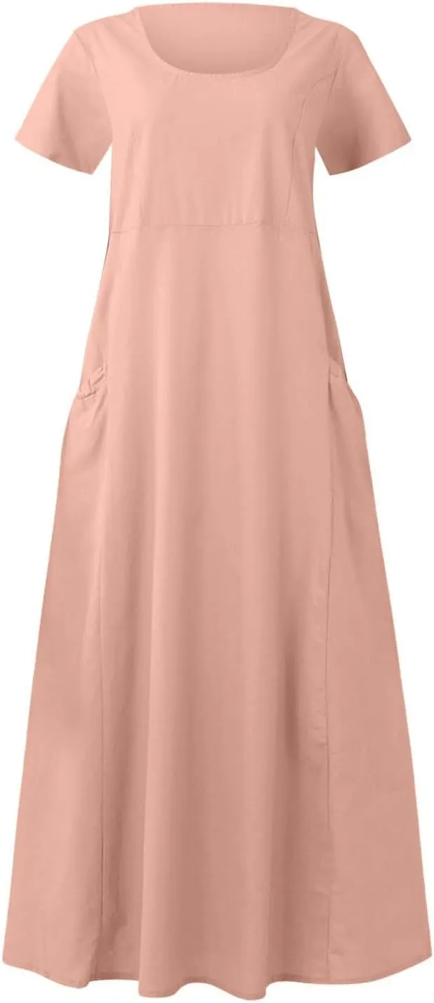 Summer Dresses for Women 2025 Trendy Short Sleeve Scoop Neck Cotton Linen Dress Loose Solid Color Beach Sundress