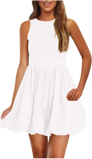 Summer Dresses Women 2025 Casual Sleeveless Tank Mini Short Dress Crew Neck Bubble Sundress Beach Wedding Guest Dress