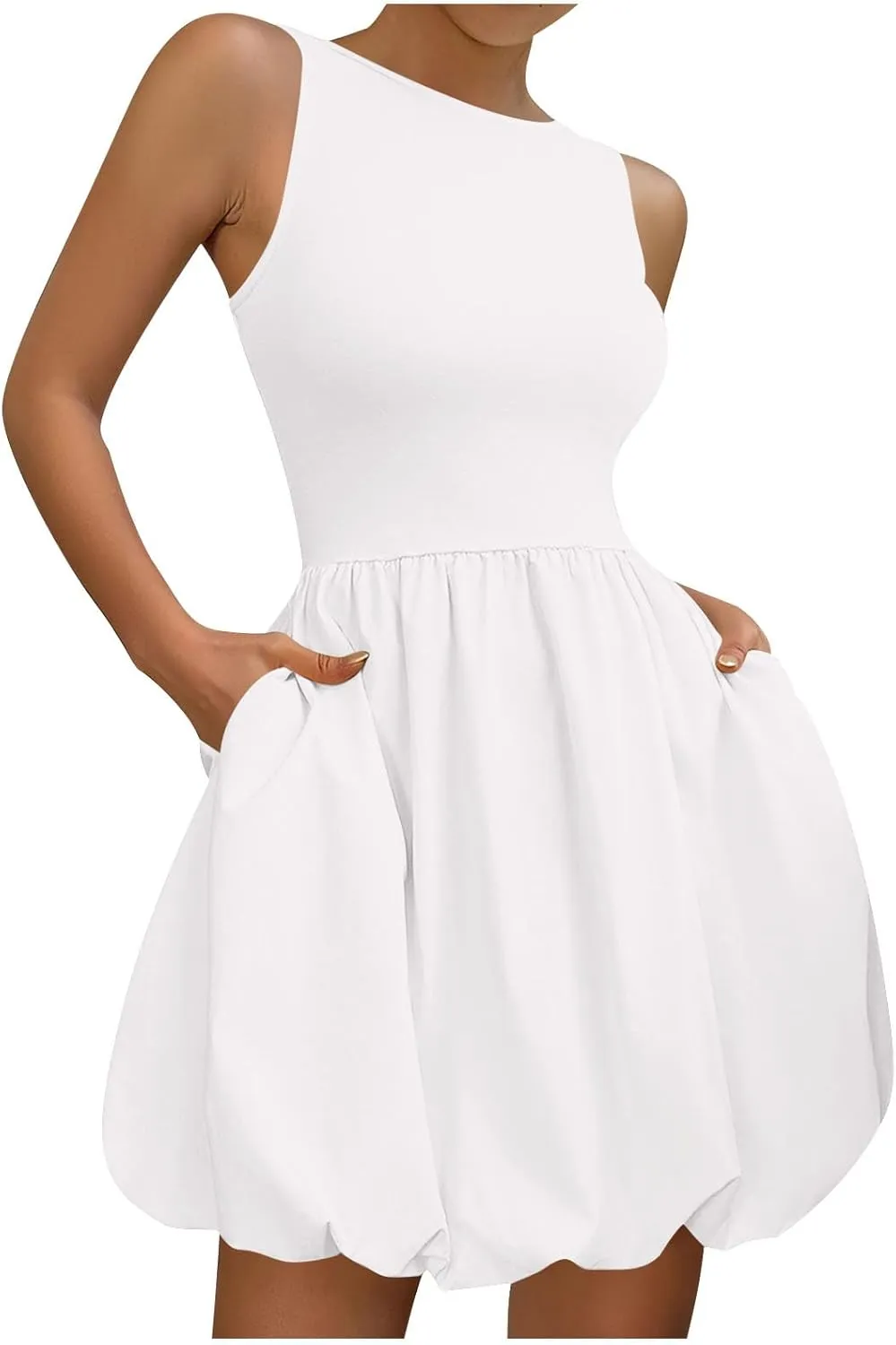 Summer Dresses Women 2025 Casual Sleeveless Tank Mini Short Dress Crew Neck Bubble Sundress Beach Wedding Guest Dress