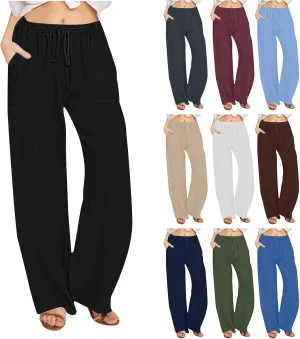Summer Linen Pants for Women Trendy 2025 High Waisted Drawstring Lounge Trousers Flowy Boho Beach Pant Vacation Outfits