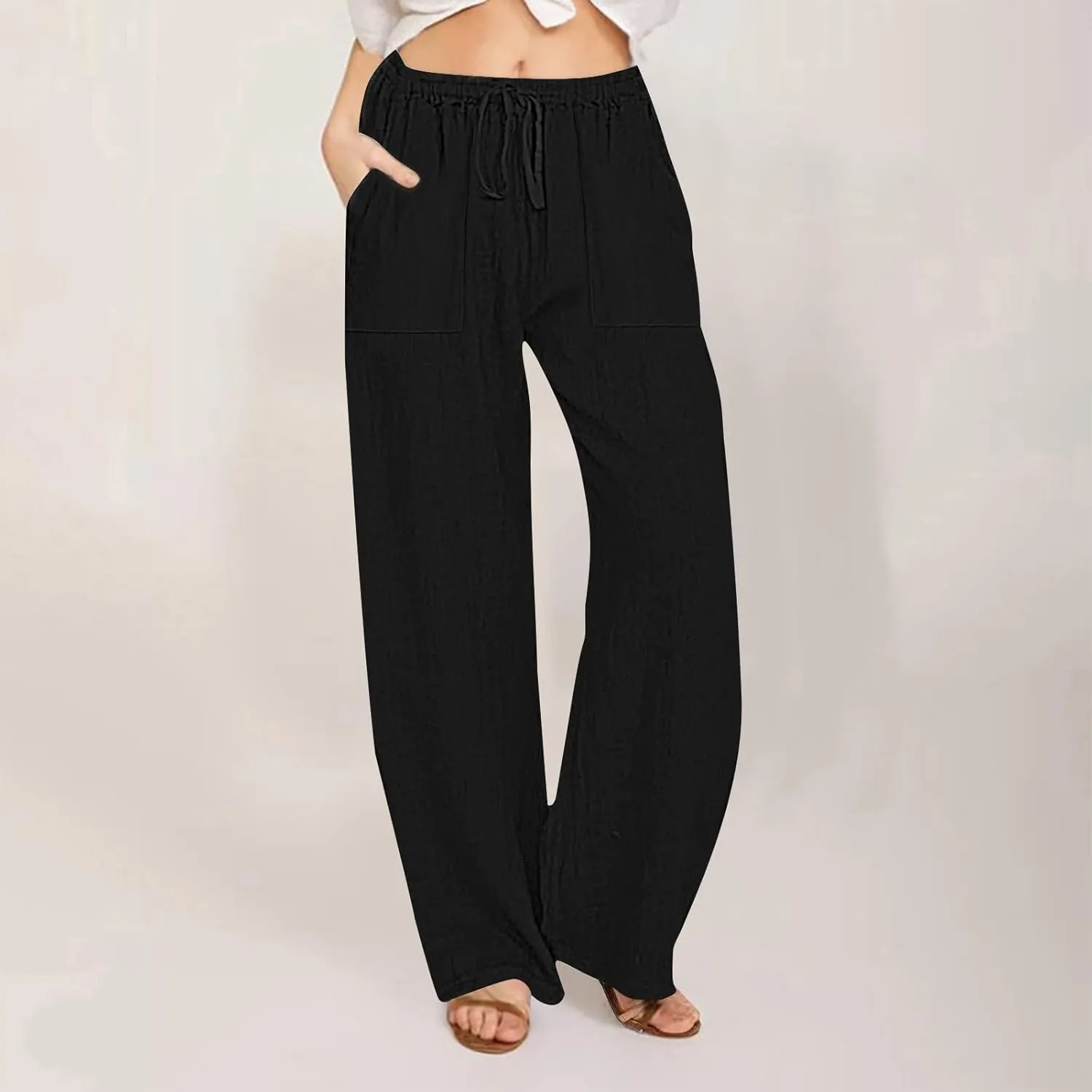 Summer Linen Pants for Women Trendy 2025 High Waisted Drawstring Lounge Trousers Flowy Boho Beach Pant Vacation Outfits