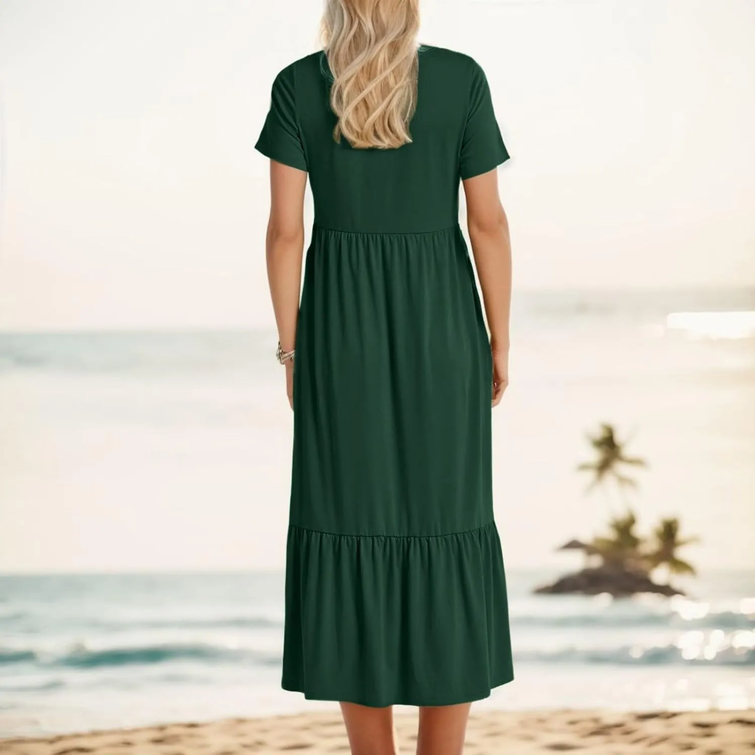 Summer Shirt Dresses For Women 2025 Crewneck Tiered Maxi Dresses Short Sleeve Flowy Beach Sundresses with Pockets