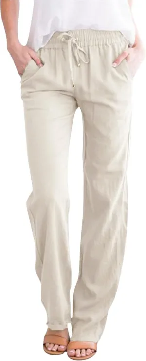 Summer Women Drawstring High Waist Cotton Linen Harem Pants Pockets Wide Leg Trouser Beach Running Sweatpants Pants, X-Large, B-beige