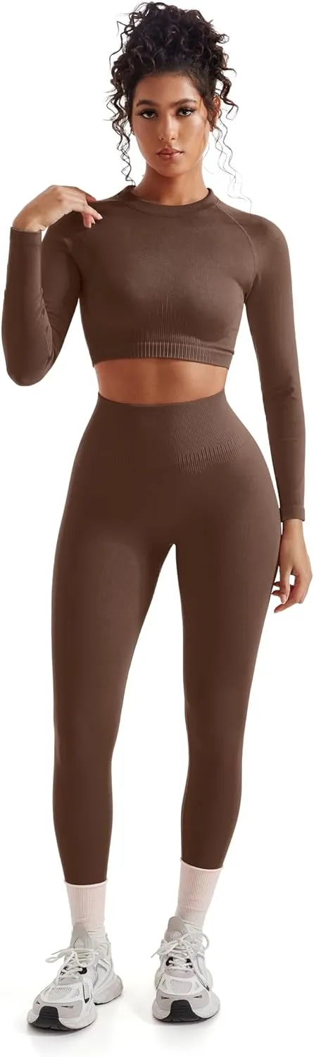 SUUKSESS Women 2 Piece Workout Sets Hidden Scrunch Butt Lifting Seamless Leggings Long Sleeve Yoga Crop Tops