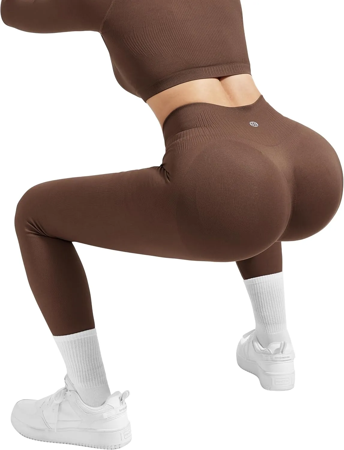 SUUKSESS Women 2 Piece Workout Sets Hidden Scrunch Butt Lifting Seamless Leggings Long Sleeve Yoga Crop Tops
