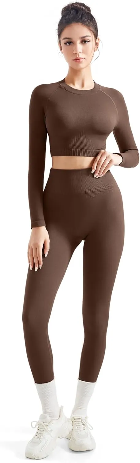 SUUKSESS Women 2 Piece Workout Sets Hidden Scrunch Butt Lifting Seamless Leggings Long Sleeve Yoga Crop Tops