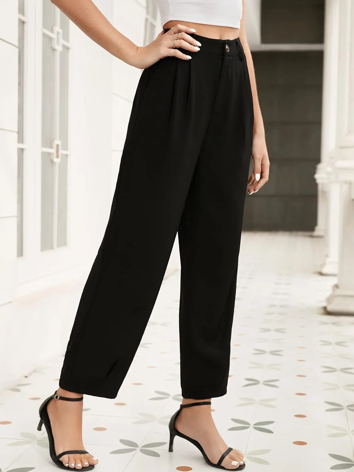 SweatyRocks Women's Casual High Waist Fold Pleated Straight Leg Trousers Work Pants with Pocket